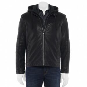 New! Faux Leather Men’s Moto Biker Vegan Leather Removable Hood Jacket